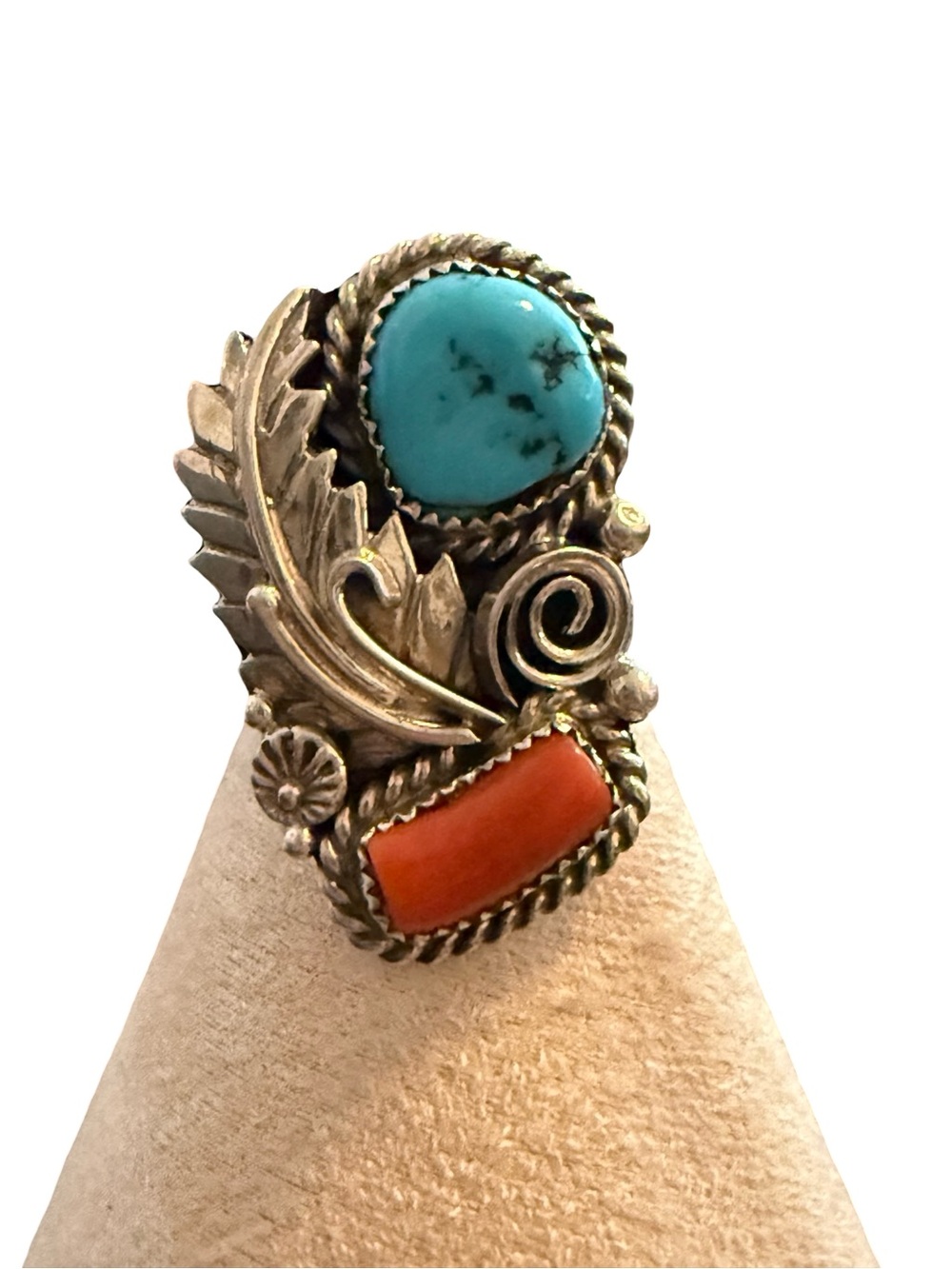 Native Sterling Silver Turquoise & Coral Leaf Statement Ring - Women's Jewelry